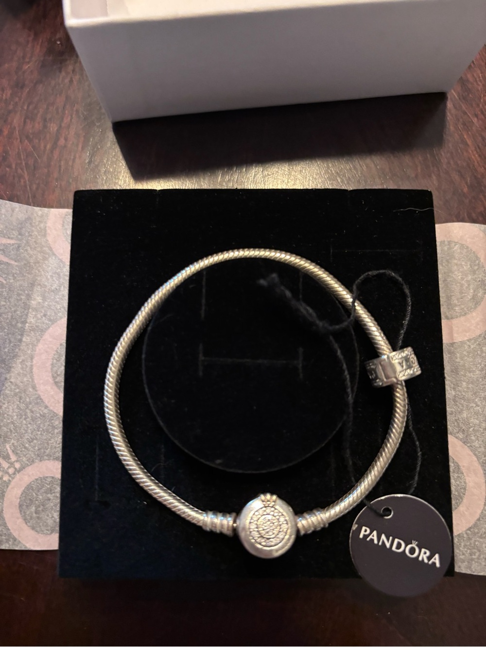 Pandora Silver Pavé Disc Bracelet with 3 charms NIB